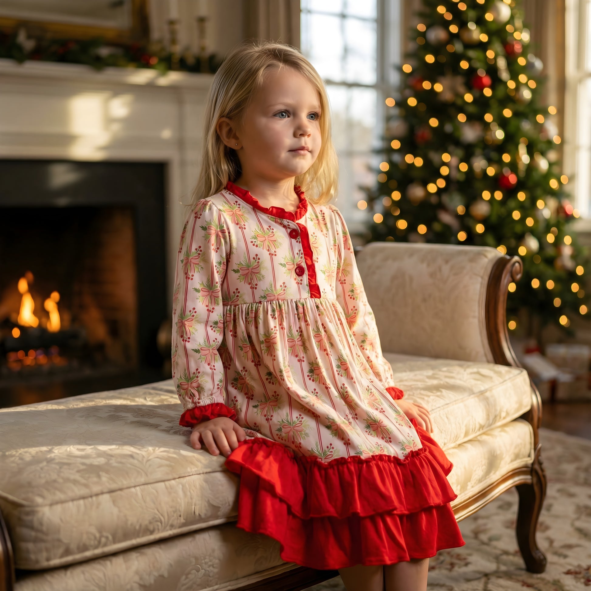 A young girl wearing a festive bamboo Christmas nightgown with red bow and holly patterns, sitting on an upholstered bench in front of a decorated Christmas tree and fireplace.