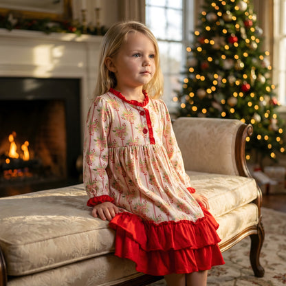 A young girl wearing a festive bamboo Christmas nightgown with red bow and holly patterns, sitting on an upholstered bench in front of a decorated Christmas tree and fireplace.