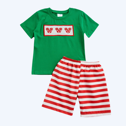 BOYS CHRISTMAS CANDY CANE EMBROIDERED SHORT SET