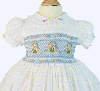 FLOWER BASKET BLUE HAND SMOCKED WITH HAND EMBROIDERED DRESS