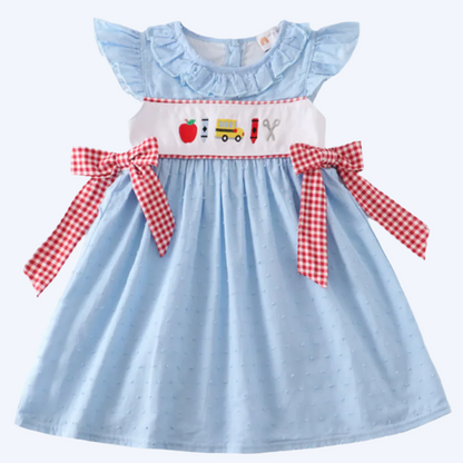 BACK TO SCHOOL SWISS DOT DRESS - EMBROIDERED