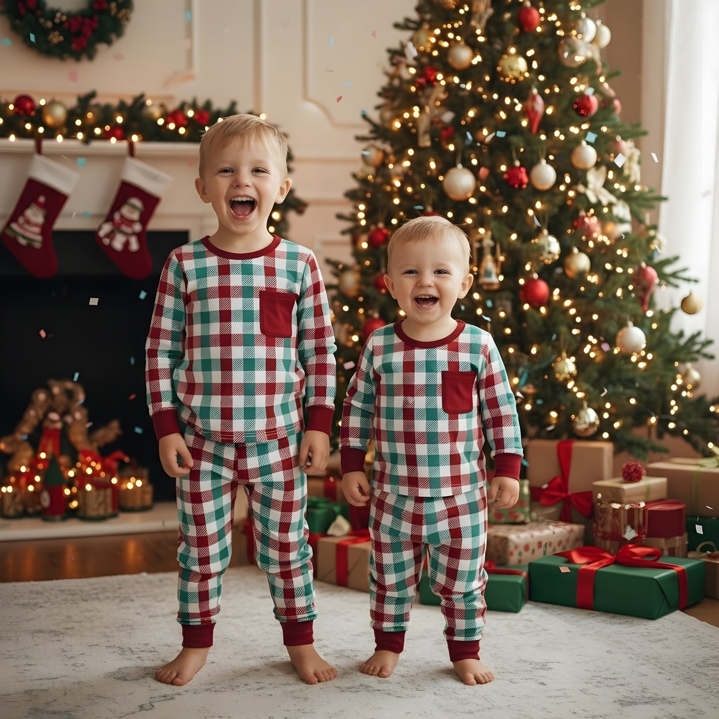 Christmas Red And Green Gingham Pajama Set Boys