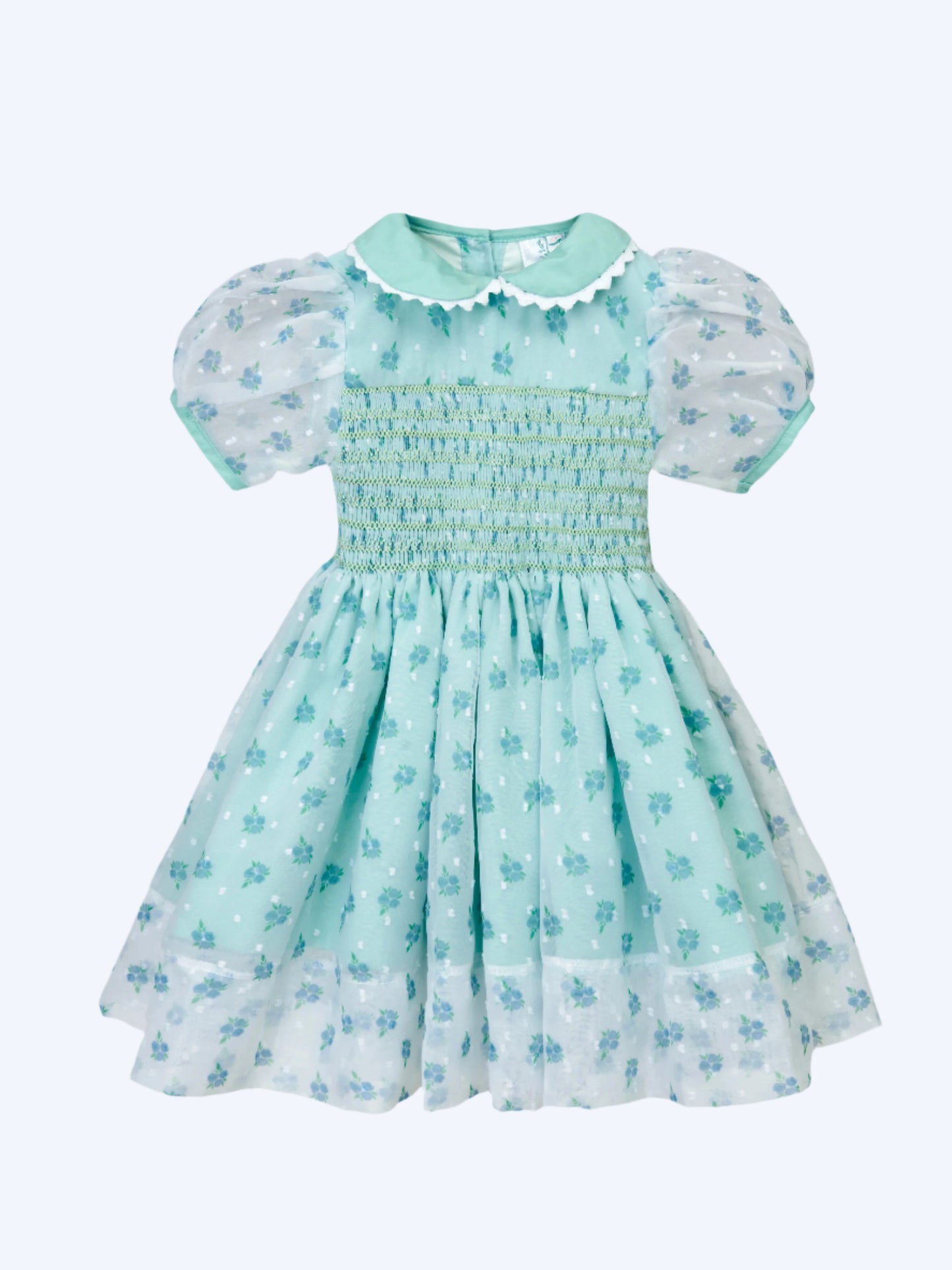 JENNY’S MINT CHIFFON SWISS DOT ROSE HAND SMOCKED DRESS