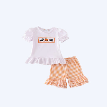 HALLOWEEN EMBROIDERY PLAID GIRL SHORTS SET