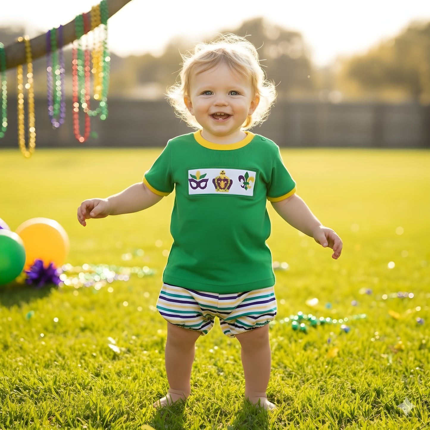 BOYS HAND SMOCKED MARDI GRAS BLOOMER SET