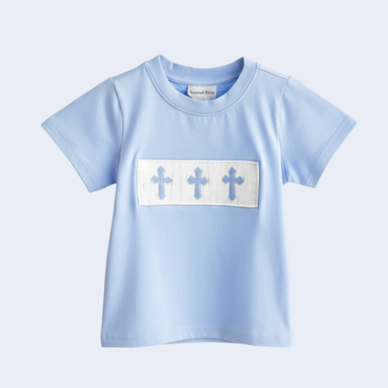 SUNDAY BEST - BLUE BOYS HAND SMOCKED SHIRT WITH BLUE EASTER CROSS