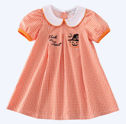 HALLOWEEN ORANGE GINGHAM EMBROIDERY DRESS