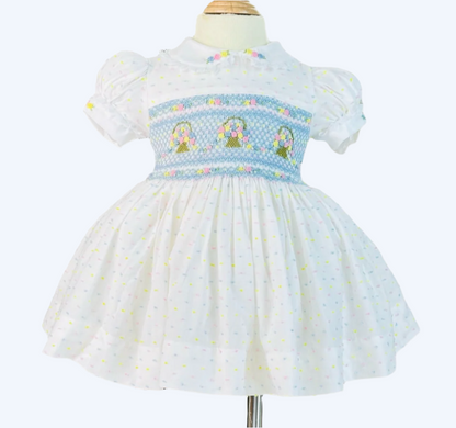 FLOWER BASKET BLUE HAND SMOCKED WITH HAND EMBROIDERED DRESS