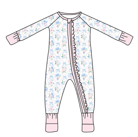 Pastel Trellis Floral Ruffle Zippy Sleeper