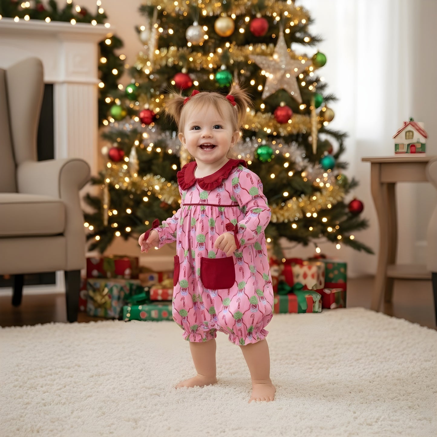 Christmas Chinoiserie Pink Candy Cane Long Sleeve Bubble