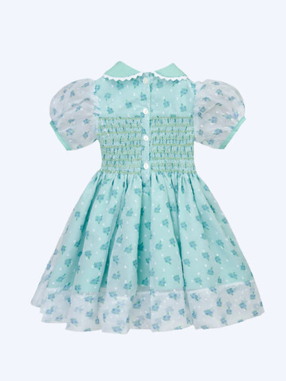 JENNY’S MINT CHIFFON SWISS DOT ROSE HAND SMOCKED DRESS