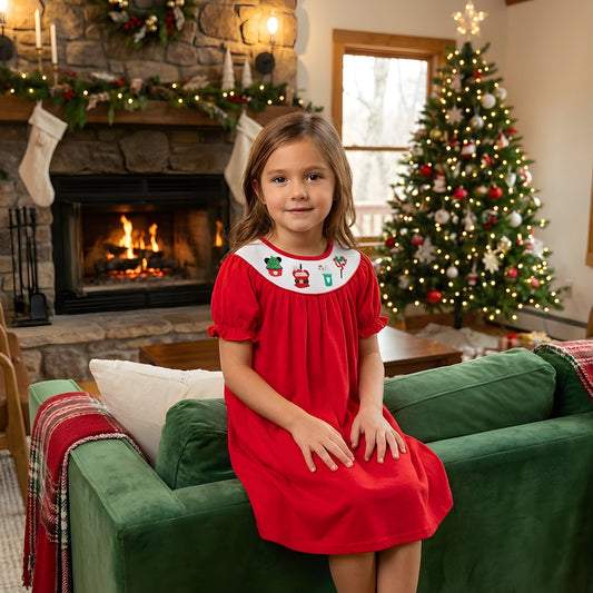 Smocked Girls Christmas Magical Character Treats – Red Dress