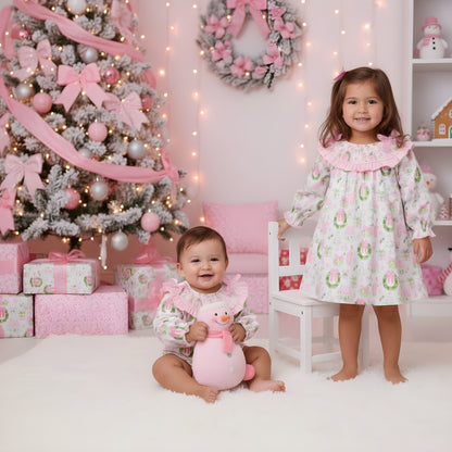 Girls Christmas – White Smocked Bubble With Garland And Pink Bows