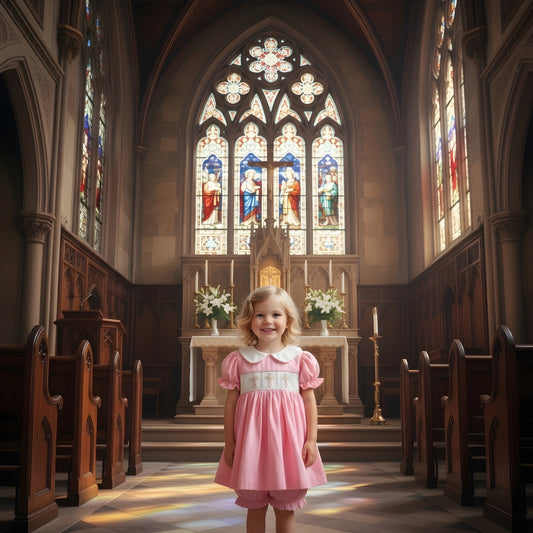 Hand Smocked Pink Crosses Hand Smocked Diaper Set 2 Pc