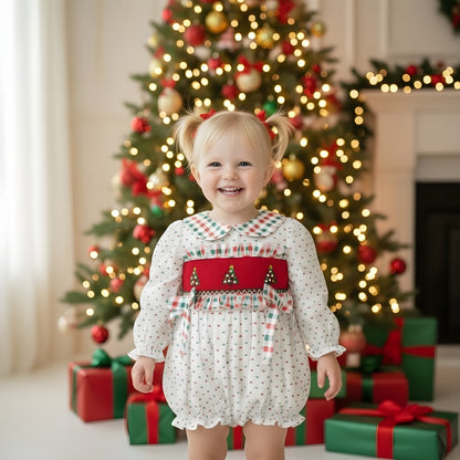 GIRLS HAND SMOCKED SWISS DOT CHRISTMAS TREE BUBBLE