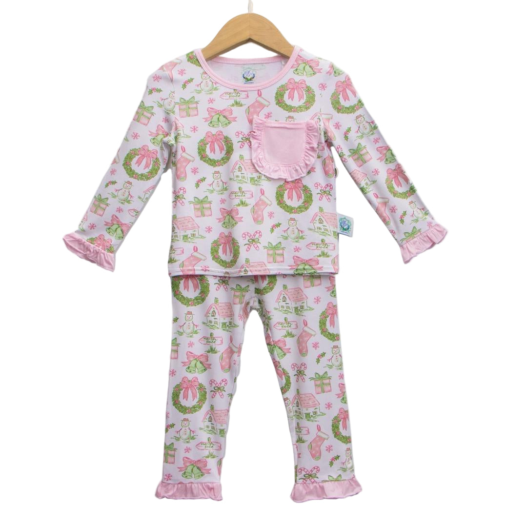 Girls Pastel Watercolor Grandmillennial Christmas Bamboo Long Sleeve Pajama Set