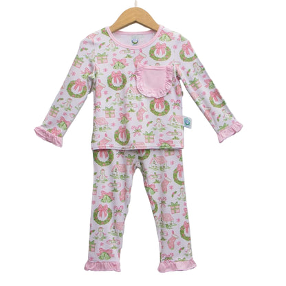 Girls Pastel Watercolor Grandmillennial Christmas Bamboo Long Sleeve Pajama Set