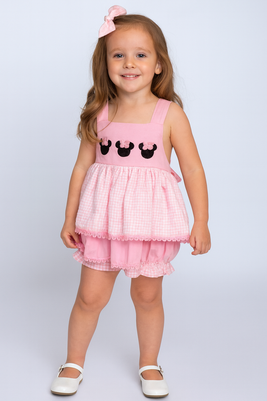 PINK BOW MOUSE FRENCH KNOT BLOOMER SET