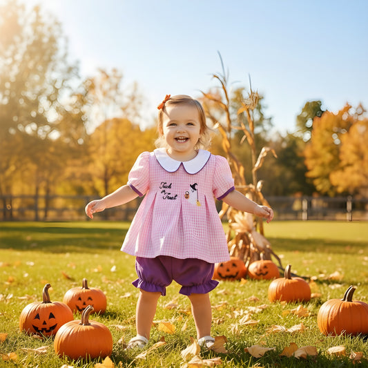 HALLOWEEN - PINK GINGHAM EMBROIDERY BABY DIAPER SET