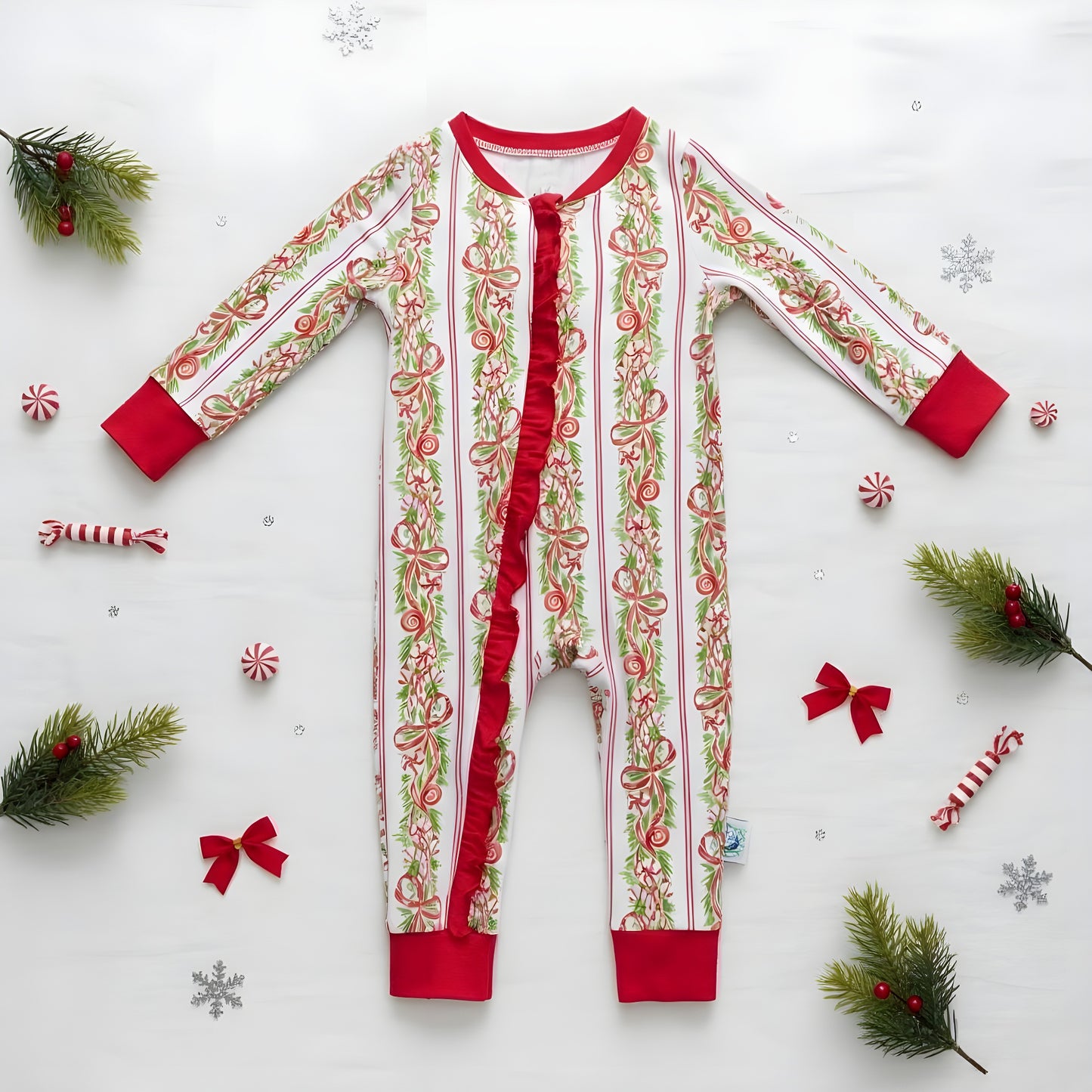 Girls Peppermint Bow Grandmillennial Traditional Christmas Bamboo Zippy