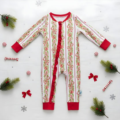 Girls Peppermint Bow Grandmillennial Traditional Christmas Bamboo Zippy