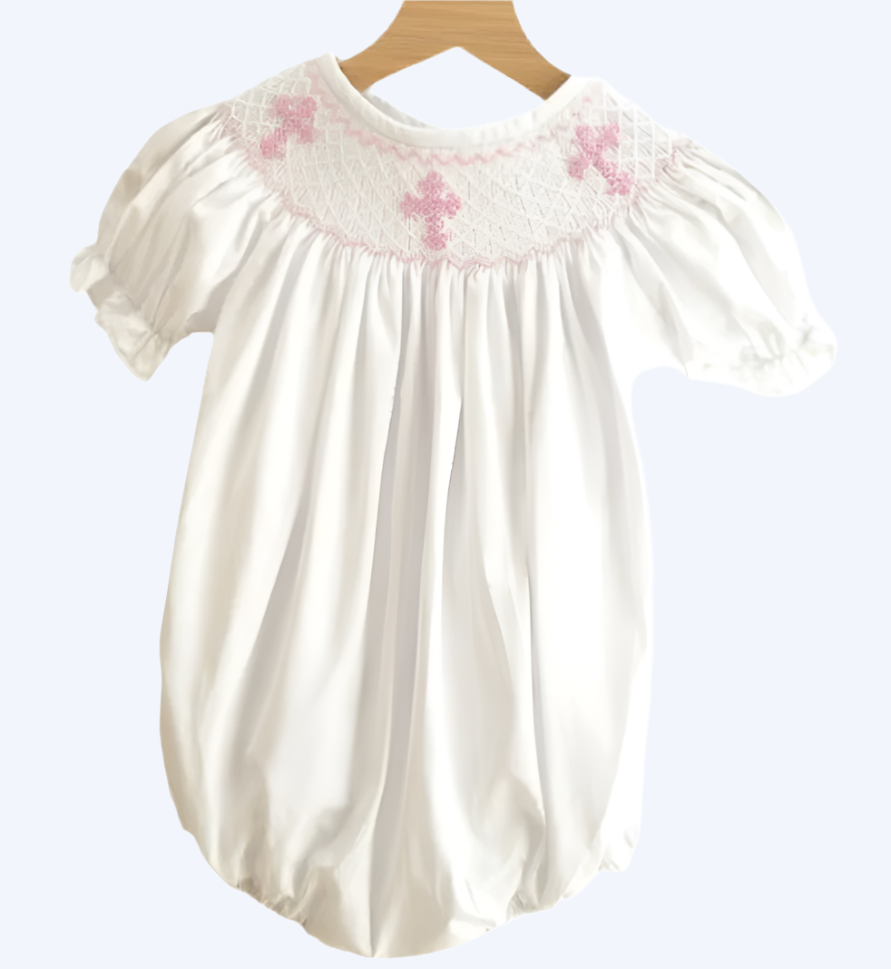 SUNDAY BEST - HAND SMOCKED PINK HAND EMBROIDERED CROSSES GIRL BUBBLE WITH 360 EMBROIDERY
