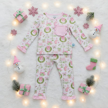 Girls Pastel Watercolor Grandmillennial Christmas Bamboo Long Sleeve Pajama Set