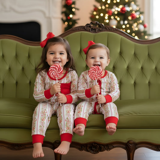Girls Peppermint Bow Grandmillennial Traditional Christmas Bamboo Long Sleeve Pajama Set