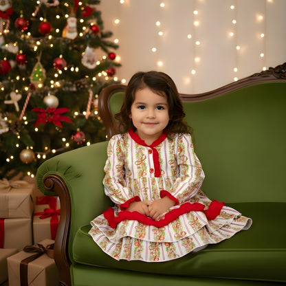 Girls Peppermint Bow Traditional Christmas Bamboo Long Sleeve Nightgown