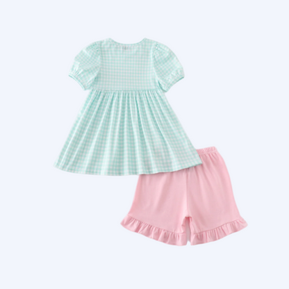 MAGICAL - BLUE PRINCESS EMBROIDERY GIRL GINGHAM SHORTS SET