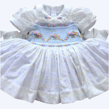 FLOWER BASKET BLUE HAND SMOCKED WITH HAND EMBROIDERED DRESS