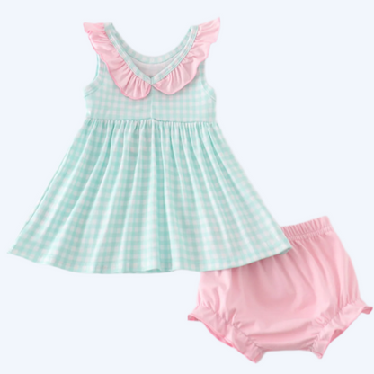MAGICAL - BLUE PRINCESS EMBROIDERY GIRL GINGHAM BLOOMER SET