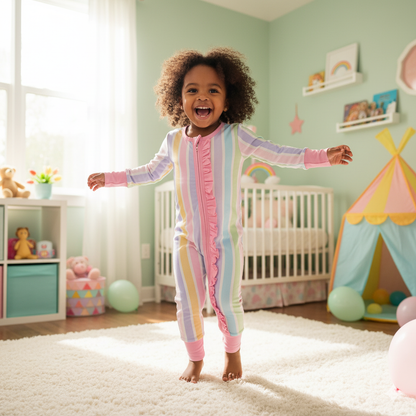 PREPPY PASTEL STRIPE RUFFLE BUTT SLEEPER ONESIE