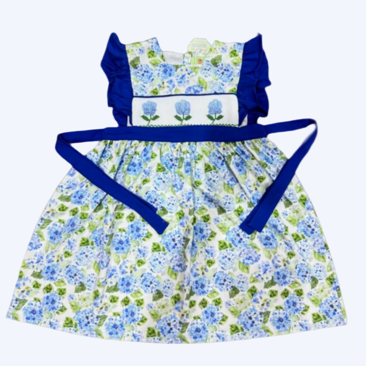 BLUE HYDRANGEAS, DRESS HAND, SMOCKED HAND EMBROIDERY