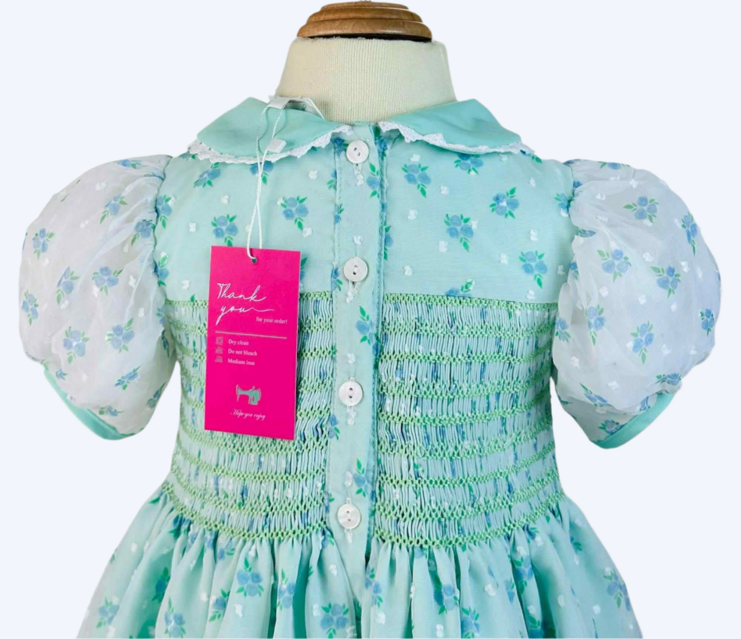 JENNY’S MINT CHIFFON SWISS DOT ROSE HAND SMOCKED DRESS