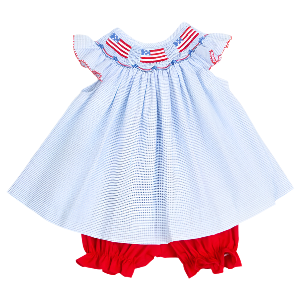 Patriotic Hand smocked American flag bubble set 12mo