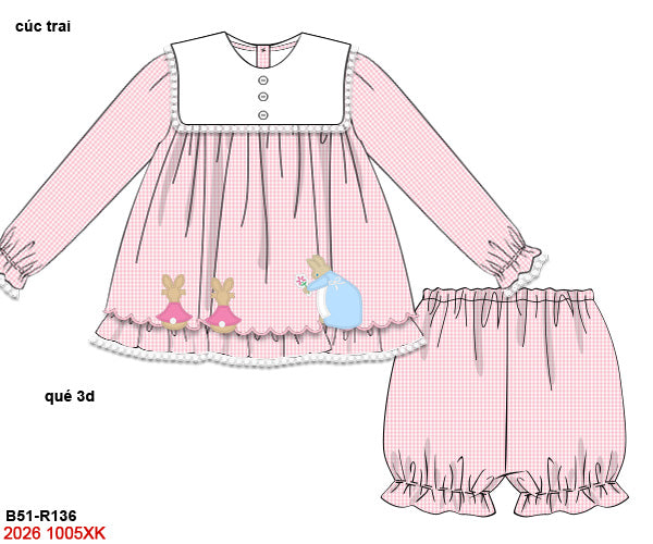 Girls Hand-Embroidered Easter Bunny Bloomer Set - Pink Gingham