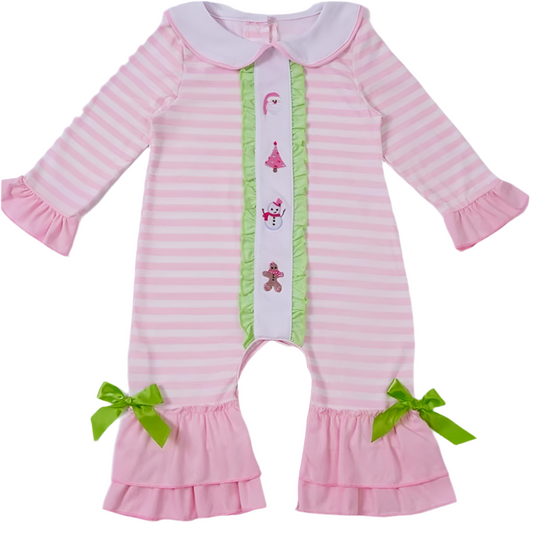 Christmas Pink Embroidered Pink Striped - Girl Pants Romper