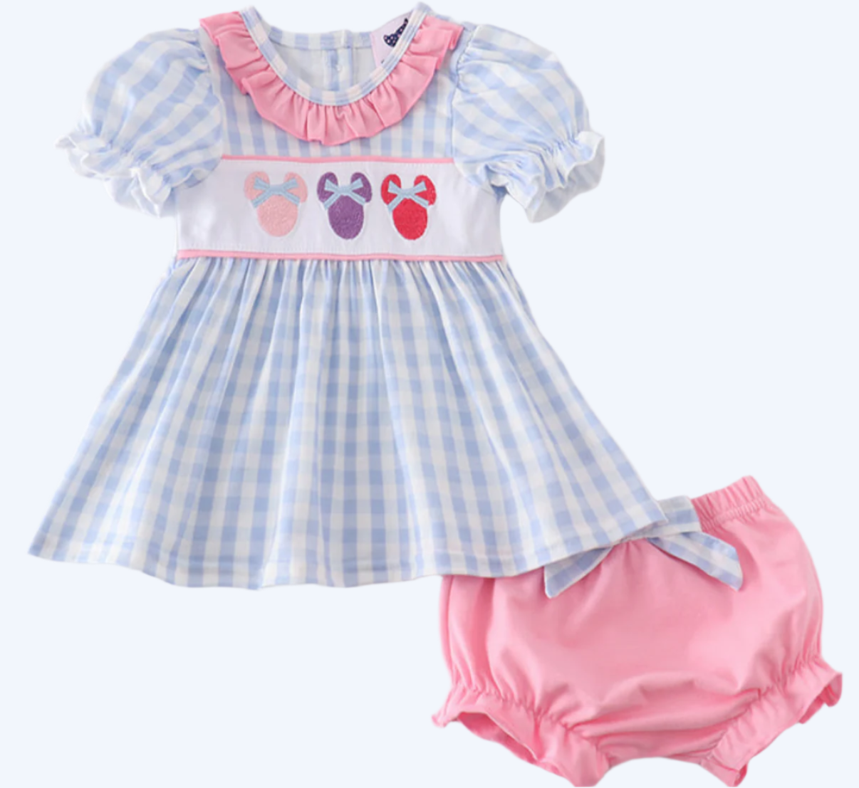 MAGICAL MOUSE - BLUE CHARACTER EMBROIDERY GINGHAM BLOOMER SET