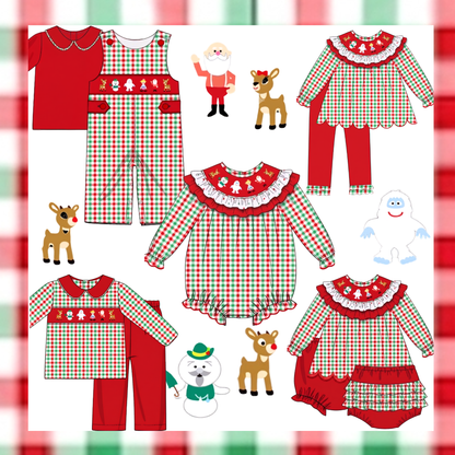 Girl's Hand Smocked Rudolph Christmas Plaid Pant Set
