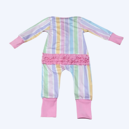 PREPPY PASTEL STRIPE RUFFLE BUTT SLEEPER ONESIE