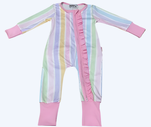 PREPPY PASTEL STRIPE RUFFLE BUTT SLEEPER ONESIE