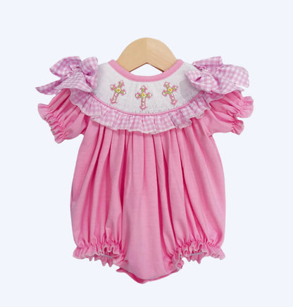 HAND SMOCKED PINK CROSSES GIRL BUBBLE