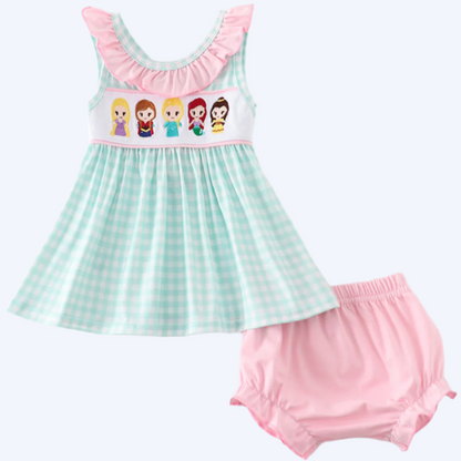 MAGICAL - BLUE PRINCESS EMBROIDERY GIRL GINGHAM BLOOMER SET