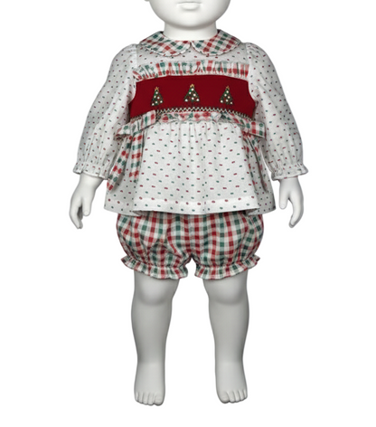 GIRLS HAND SMOCKED SWISS DOT CHRISTMAS TREE BLOOMER SET
