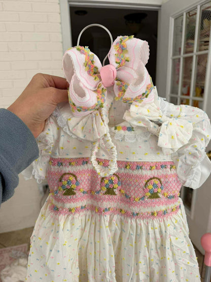 Pink Flower Basket Hand Smocked With Hand Embroidered Dress