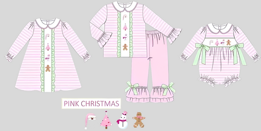 Christmas Pink Striped Embroidered Collection - Girls Pants Set
