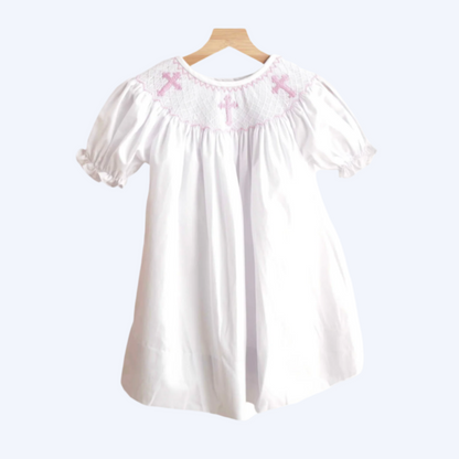 SUNDAY BEST - HANDSMOCKED PINK HAND EMBROIDERED CROSSES DRESS