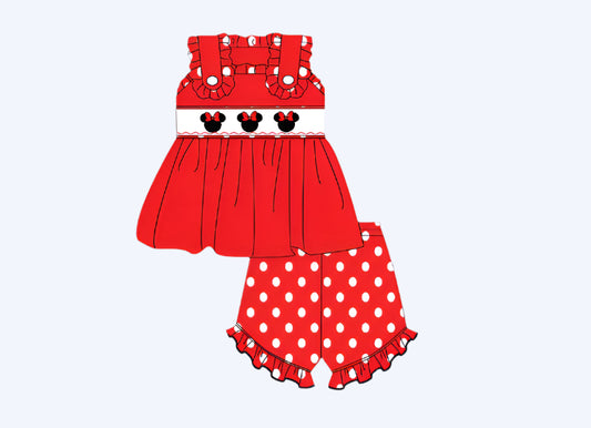 MAGICAL BOW MOUSE - RED POLKA DOT SHORTS SET - HAND SMOCKED - ETA JULY
