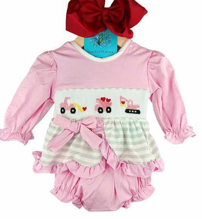 Valentines Day Construction Hearts - hand smocked - girl bloomer set